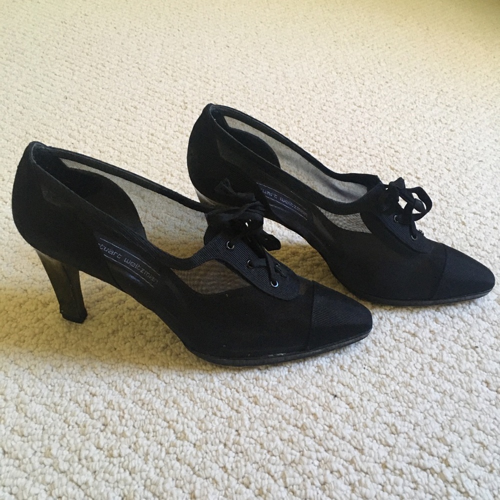Stuart Weitzman sheer lace up black bootie heels